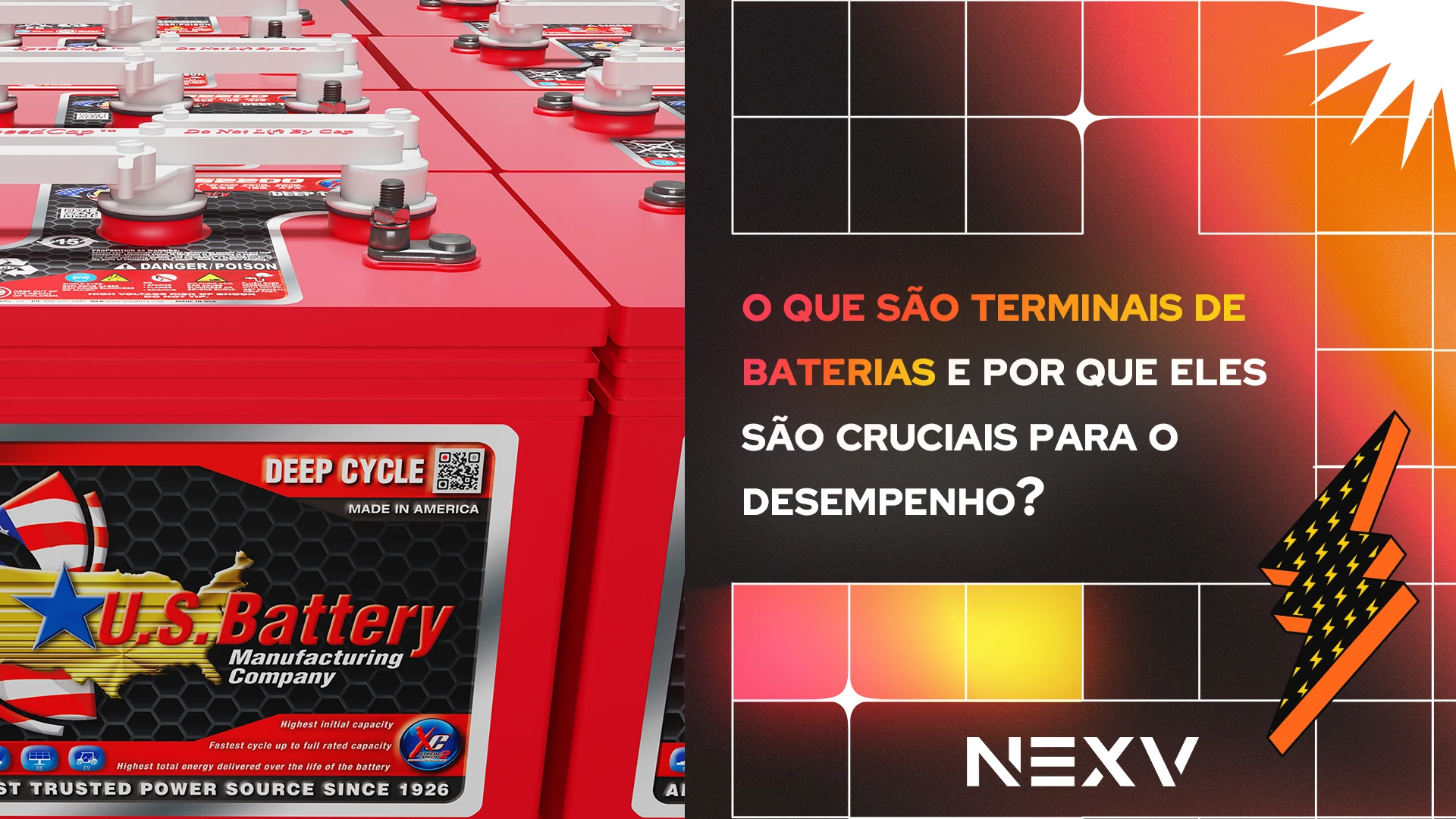 Imagem de baterias de ciclo profundo da U.S. Battery com terminais visíveis, acompanhada de um gráfico com o texto: 'O que são terminais de baterias e por que eles são cruciais para o desempenho?' ao lado de fundo com gradientes em tons de vermelho, laranja e preto. Logotipo da Nexv na parte inferior.