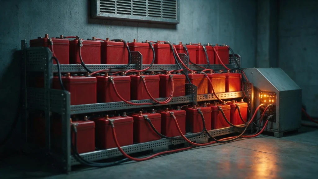 Banco de baterias AGM de 6V em rack ventilado durante o ciclo de carga e equalização