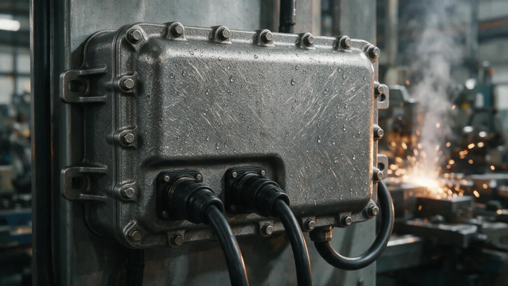 Carregador industrial selado instalado em ambiente com poeira metálica e umidade