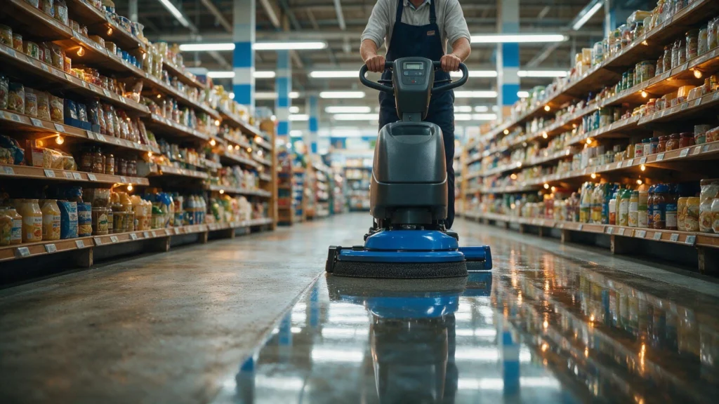 Lavadora de piso higienizando corredor de supermercado e deixando a superfície seca logo atrás