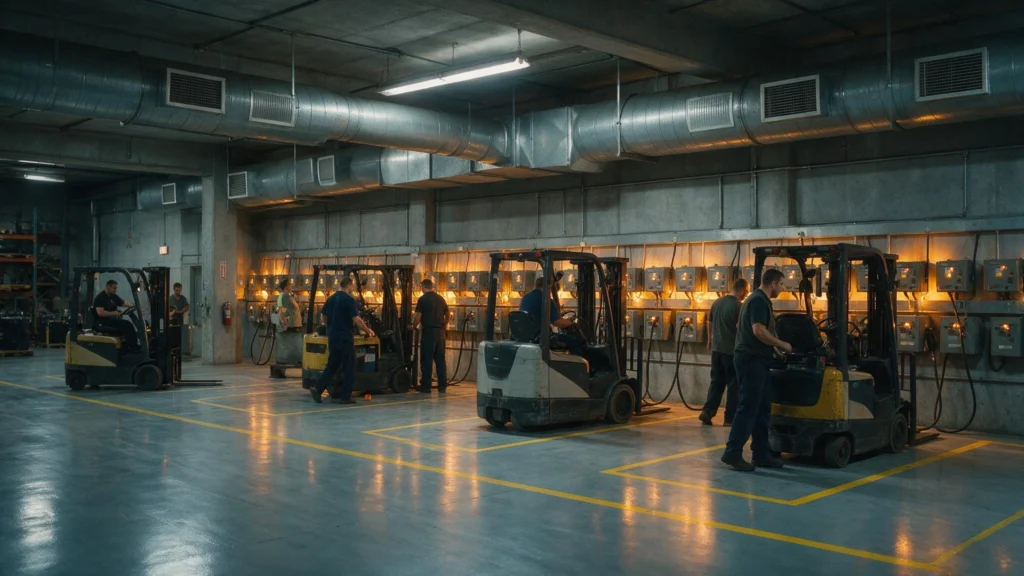 Sala de baterias com quatro empilhadeiras elétricas em recarga na troca de turno