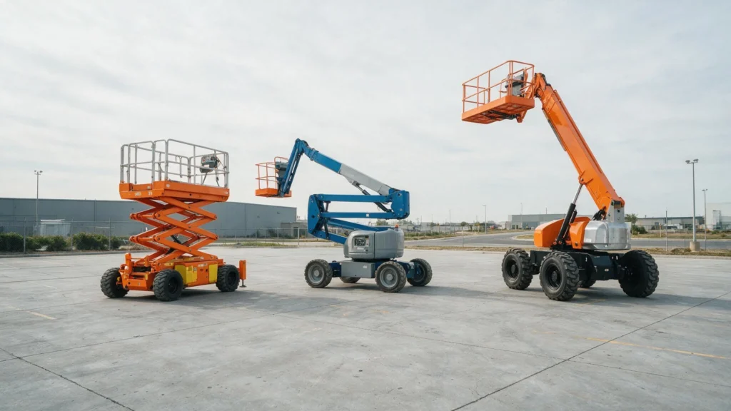 Três tipos de plataforma aérea lado a lado: tesoura, articulada e telescópica