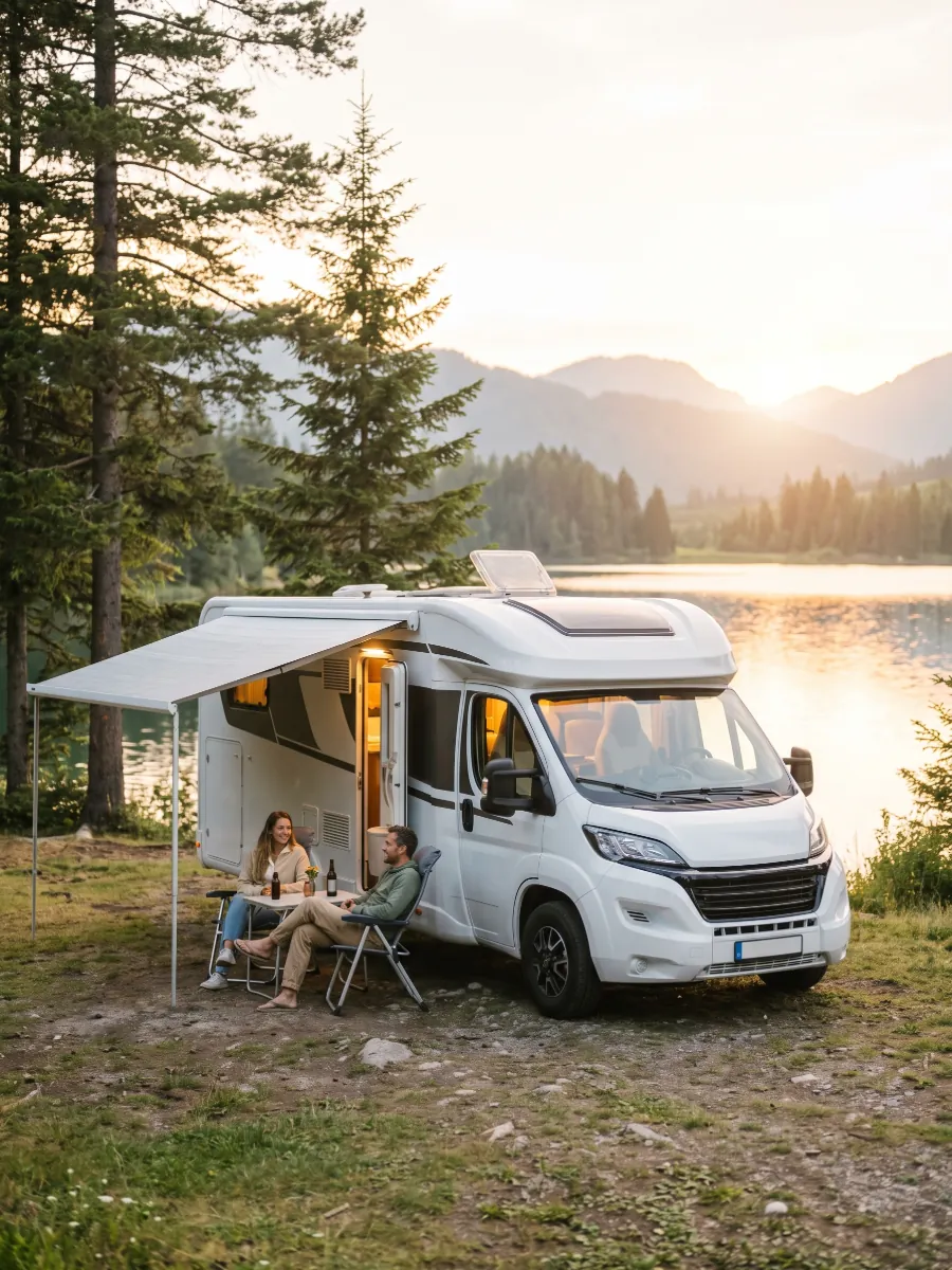 Motorhome estacionado à beira de um lago ao entardecer