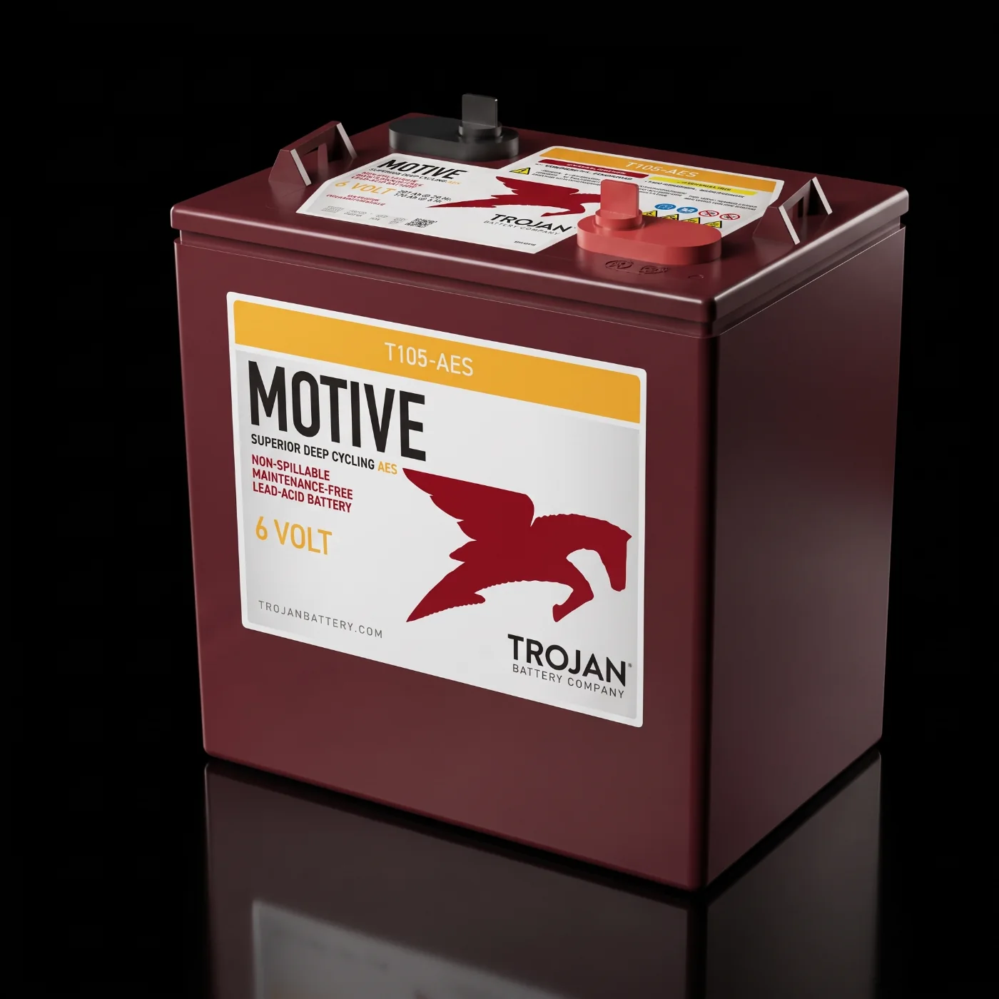 Bateria Trojan T105-AES de 6 V em fundo preto